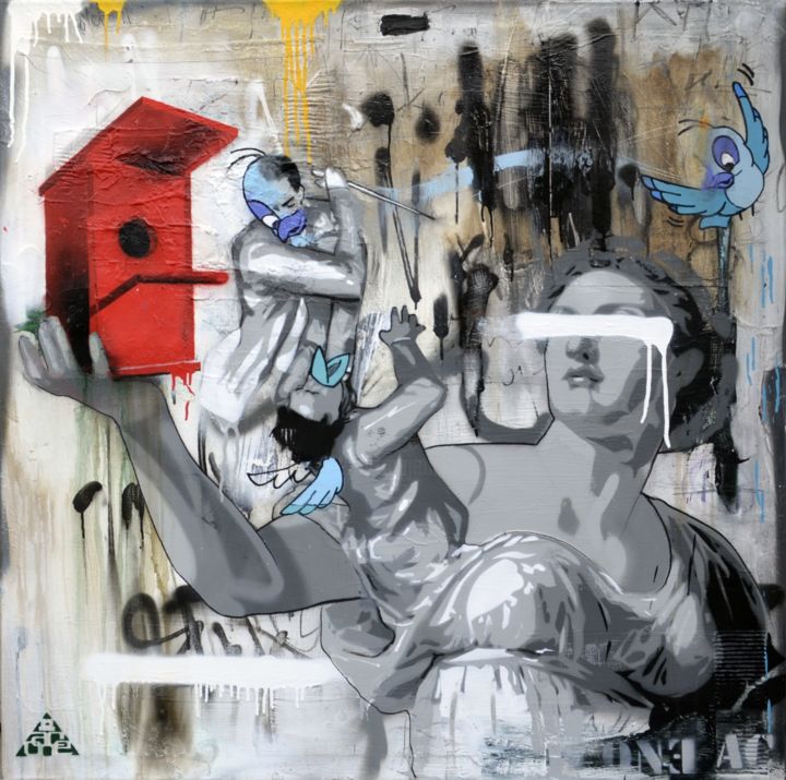Malerei mit dem Titel "nesting" von Ac1, Original-Kunstwerk, Sprühfarbe Auf Keilrahmen aus Holz montiert