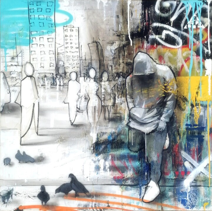 Painting titled "pigeons" by Ac1, Original Artwork, Spray paint Mounted on Wood Stretcher frame