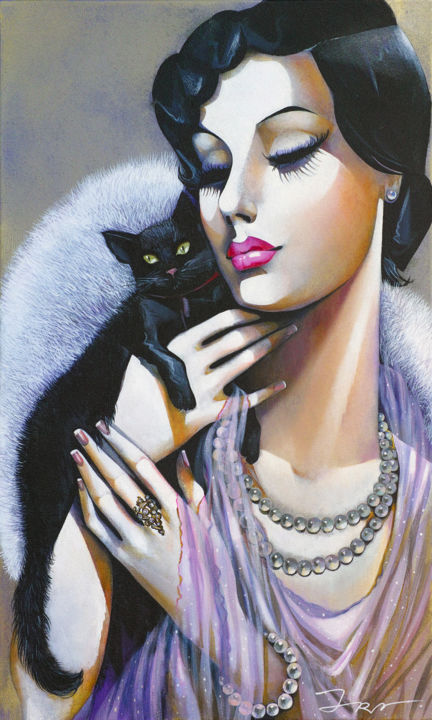 wallpapers Woman With Black Cat Painting artmajeur