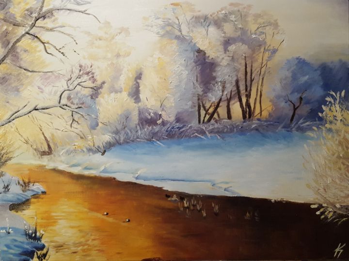 Painting titled "Sunrise in the wint…" by Kirill Prokhorov, Original Artwork, Oil