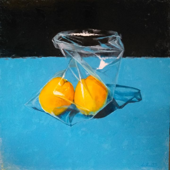 Painting titled "Lemons" by Achille Chiarello, Original Artwork, Oil