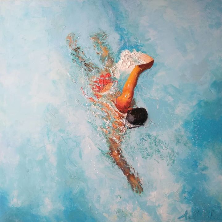 Painting titled "The swimmer" by Achille Chiarello, Original Artwork, Oil