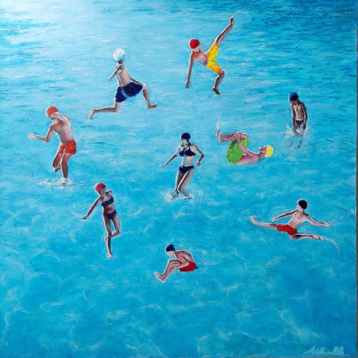 Painting titled "Surreal dive" by Achille Chiarello, Original Artwork, Oil