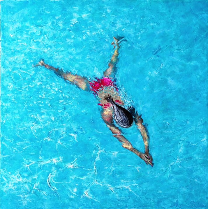 Painting titled "The swimmer 3" by Achille Chiarello, Original Artwork, Oil
