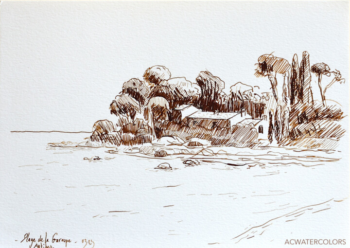 Desenho intitulada "Cap d'Antibes - Pla…" por Alain Crousse (ACWATERCOLORS), Obras de arte originais, Tinta