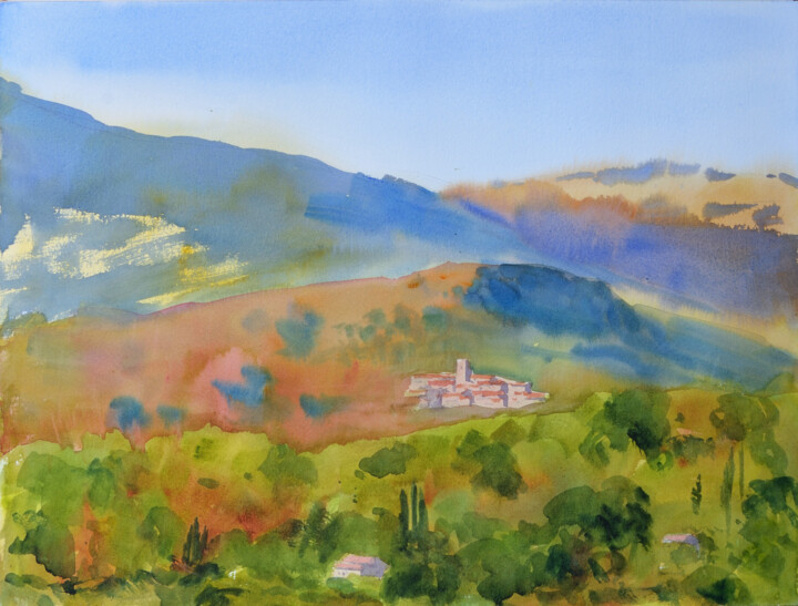 Pintura titulada "Village de Chateaun…" por Alain Crousse (ACWATERCOLORS), Obra de arte original, Acuarela