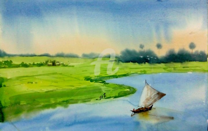 Painting titled "Landscape of Bangla…" by Adward, Original Artwork, Watercolor