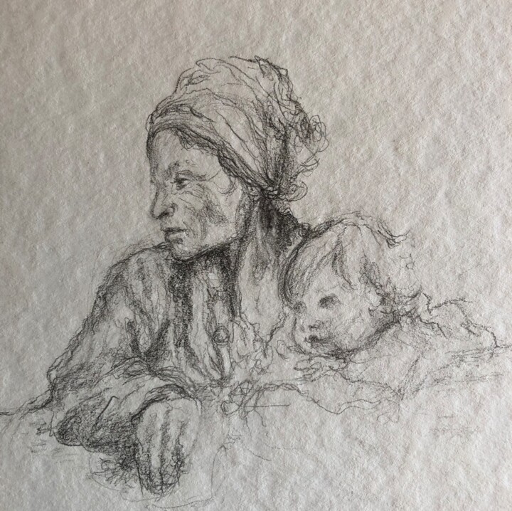 Zeichnungen mit dem Titel "Mutter mit Kind" von Ada Sembal, Original-Kunstwerk, Bleistift