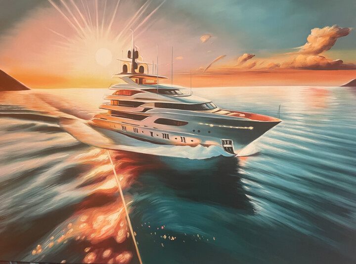 Painting titled "Alexandra's Yacht" by Adam Laabs, Original Artwork, Oil Mounted on Wood Stretcher frame