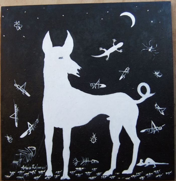 Painting titled "white dog on dark z…" by Adam, Original Artwork, Oil