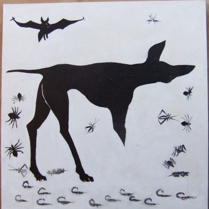 Painting titled "black dog on white…" by Adam, Original Artwork, Oil