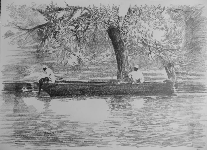Dessin intitulée "three men on aboat" par Adam, Œuvre d'art originale, Graphite