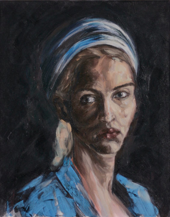 Painting titled "Femme au bandeau bl…" by Blanka Adamus, Original Artwork, Oil Mounted on Wood Stretcher frame