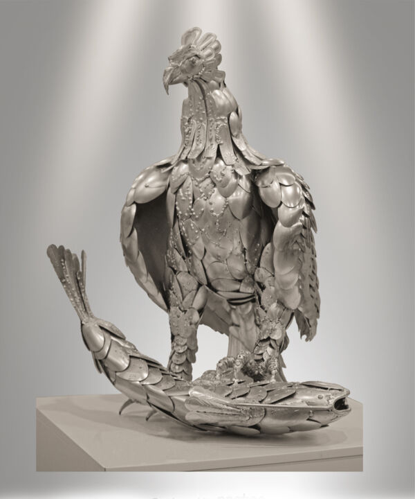 제목이 "L'aigle Pêcheur"인 조형물 Adda Merzougui로, 원작, 금속