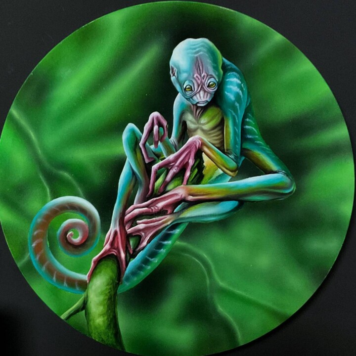 Painting titled "My mini alien" by Addlyintal, Original Artwork, Oil Mounted on Wood Stretcher frame