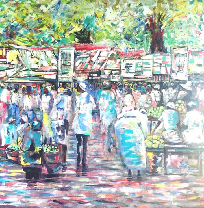 Painting titled "Marketplace" by Benedict Adedipe, Original Artwork, Acrylic