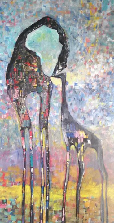 Painting titled "Mother giraffe and…" by Benedict Adedipe, Original Artwork, Acrylic