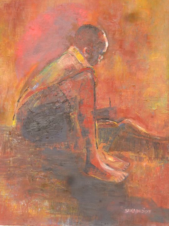 Pittura intitolato "Boy studying at nig…" da Benedict Adedipe, Opera d'arte originale, Olio