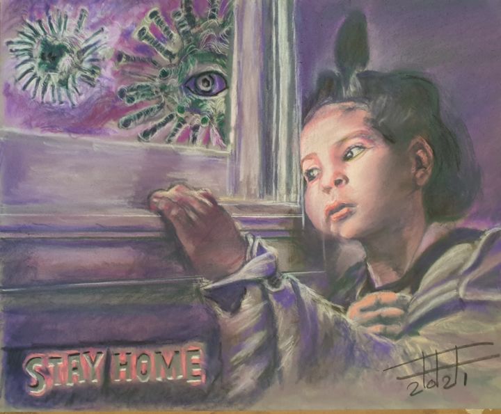 Painting titled "Stay home" by Adel Fahmi, Original Artwork, Pastel