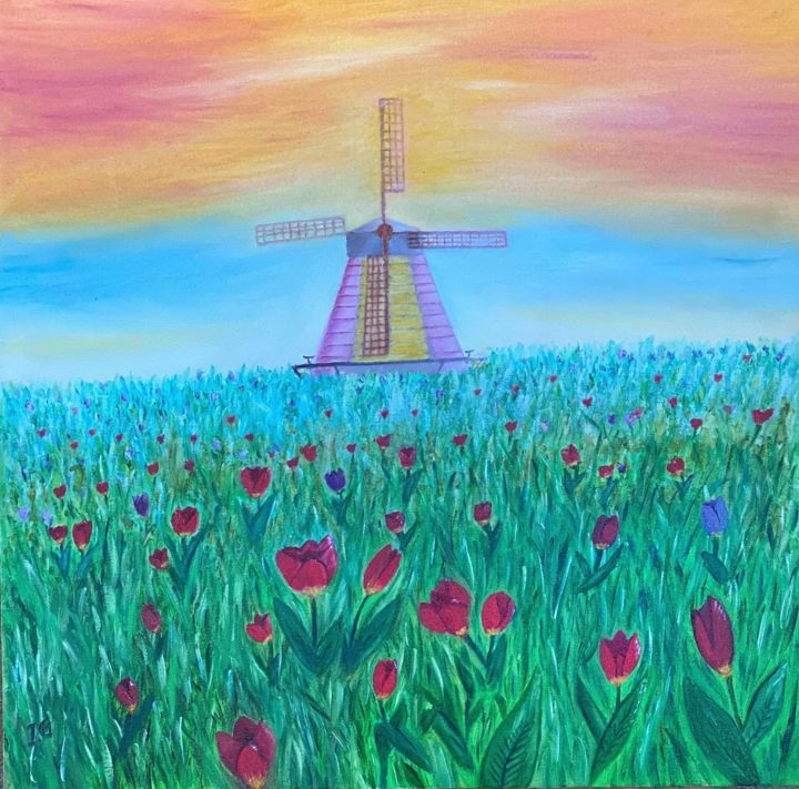 Painting titled "Tulips landscape" by Adela Izabela Ștefan, Original Artwork, Oil