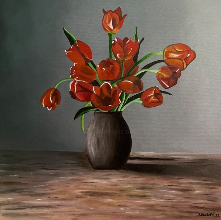 Painting titled "Tulips bouquet" by Adela Izabela Ștefan, Original Artwork, Oil