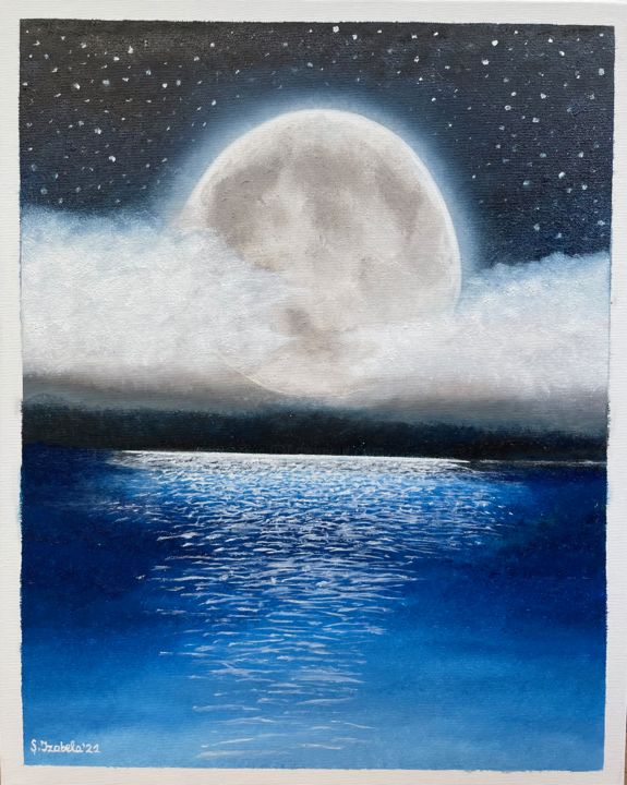 Painting titled "The Moon and Sea" by Adela Izabela Ștefan, Original Art, Oil
