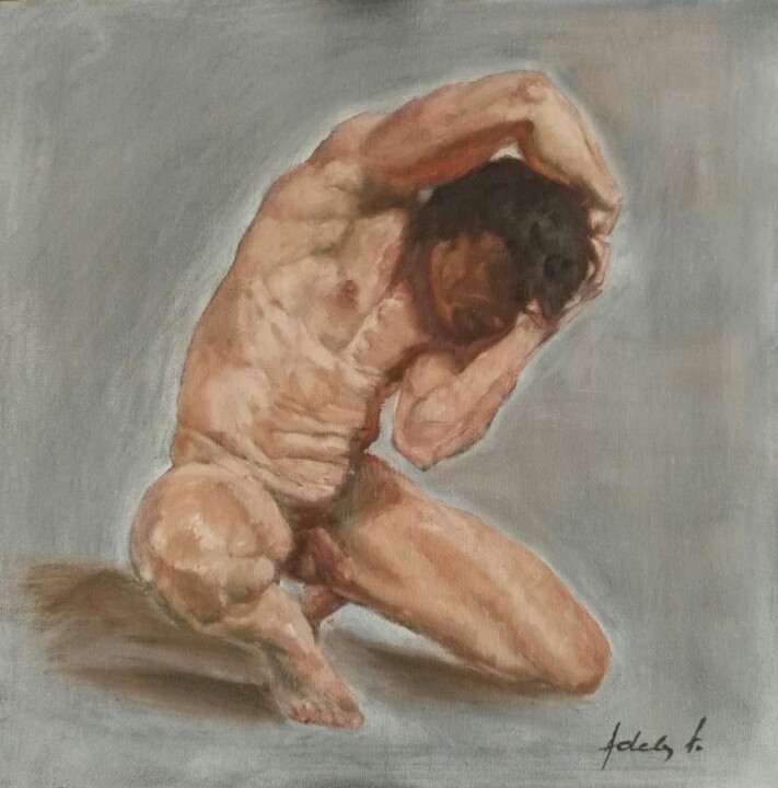 Peinture intitulée "Crouching male nude…" par Adela V, Œuvre d'art originale, Huile Monté sur Carton