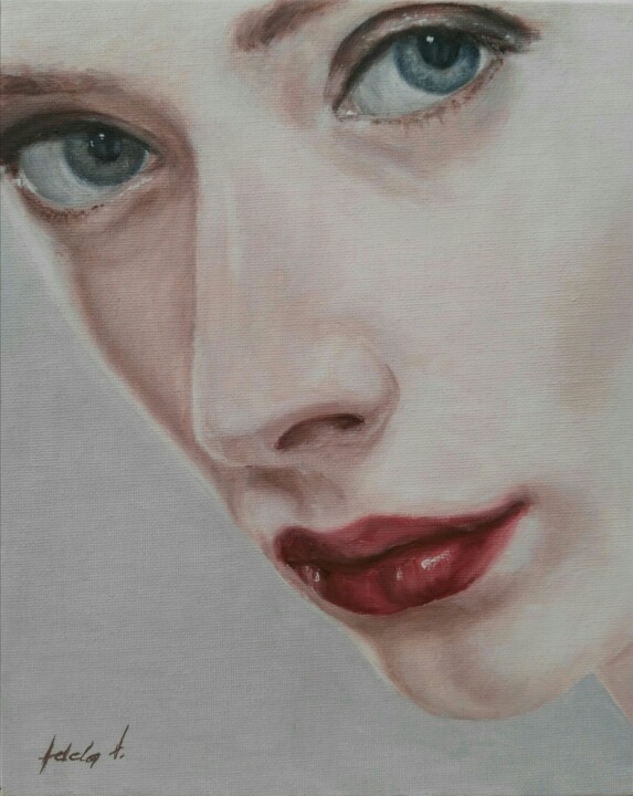 Schilderij getiteld "Red lipstick" door Adela V, Origineel Kunstwerk, Olie Gemonteerd op Karton