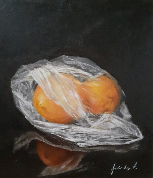 Painting titled "Lemons in a plastic…" by Adela V, Original Artwork, Oil Mounted on Cardboard