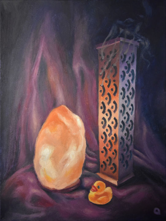 Painting titled "Lamp, Duck and Ince…" by Adelacreative, Original Artwork, Oil Mounted on Wood Stretcher frame