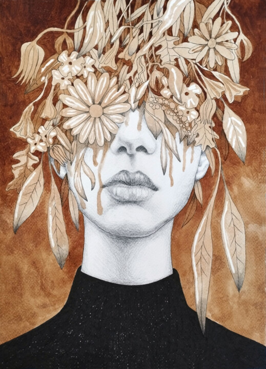 Painting titled "Girl with flowers,…" by Adelacreative, Original Artwork, Graphite