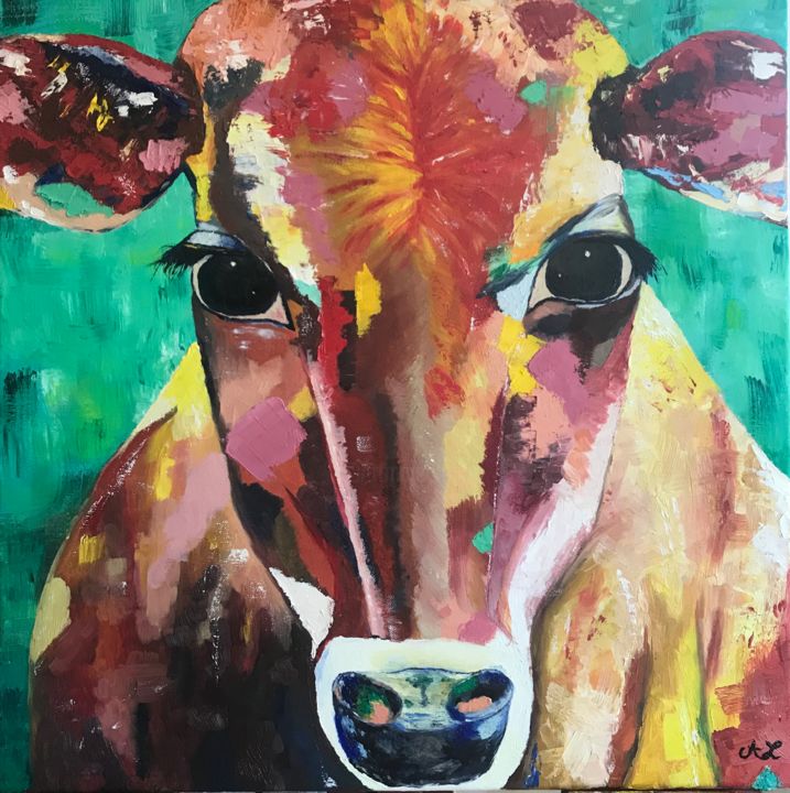 Painting titled "La vache" by Adele Laviron, Original Artwork, Oil