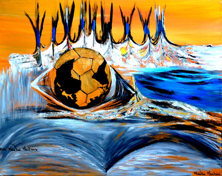 Painting titled "Le ballon d'or" by Adelia Martins, Original Artwork, Acrylic Mounted on Wood Stretcher frame
