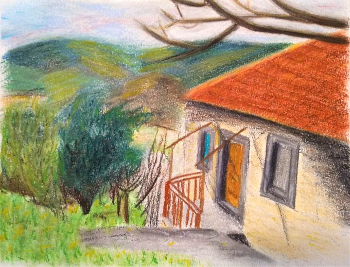 Drawing titled "Casa di Campagna" by Adelina Mercuri, Original Artwork, Pastel