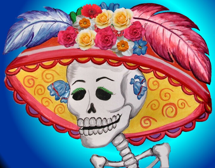 Peinture intitulée "Catrina con sombrero" par Adelina Reyes, Œuvre d'art originale, Photo montage