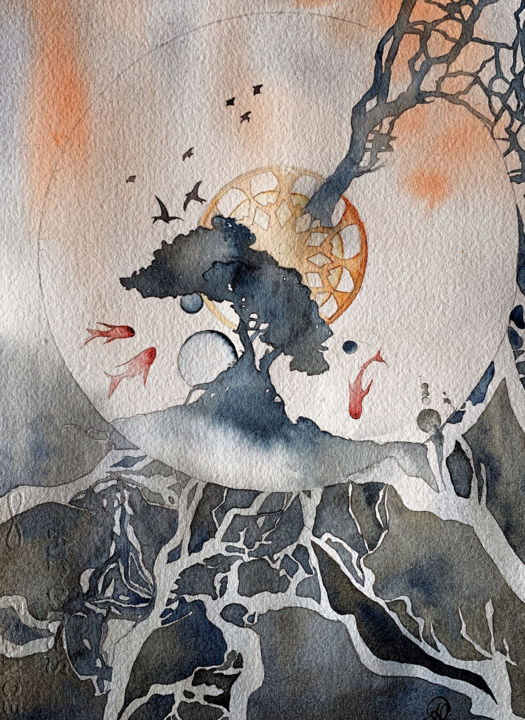 Peinture intitulée "De la Terre vers le…" par Aline Demarais, Œuvre d'art originale, Aquarelle