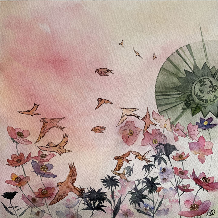 Peinture intitulée "Prenons notre envol" par Aline Demarais, Œuvre d'art originale, Aquarelle