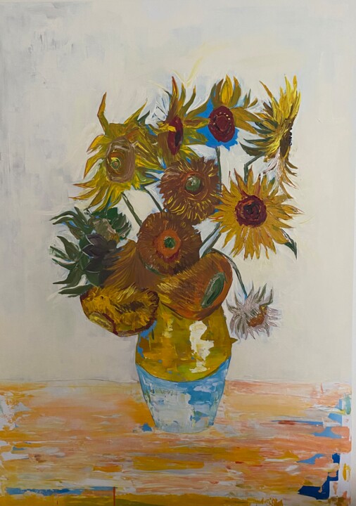 Painting titled "Sunflowers" by Aden Deva Alımcı, Original Artwork, Acrylic Mounted on Metal