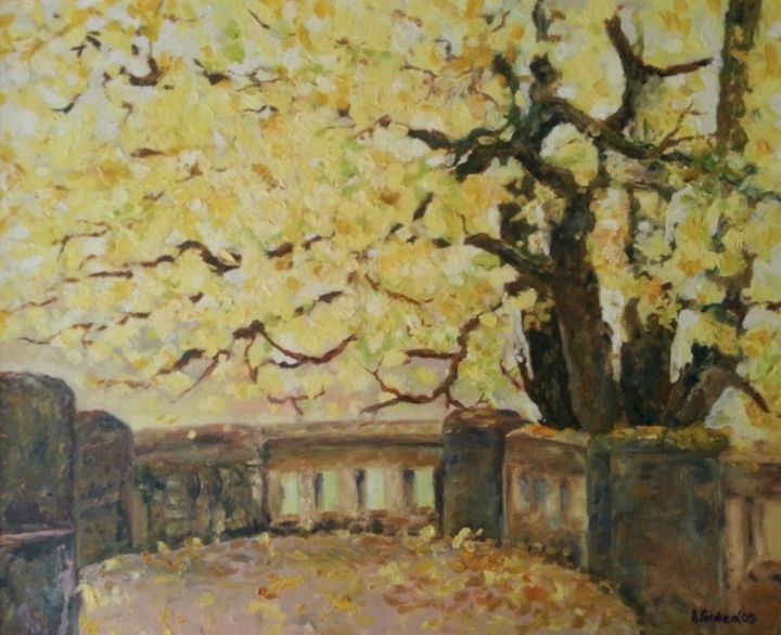 Pittura intitolato "Autumn at Peles Cas…" da Adriana Gidea, Opera d'arte originale, Olio