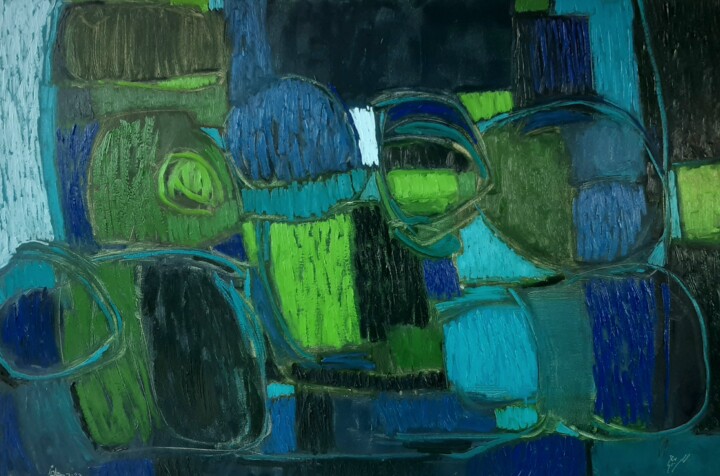 Painting titled "Espace bleu" by Adil Rabih, Original Artwork, Oil Mounted on Wood Stretcher frame