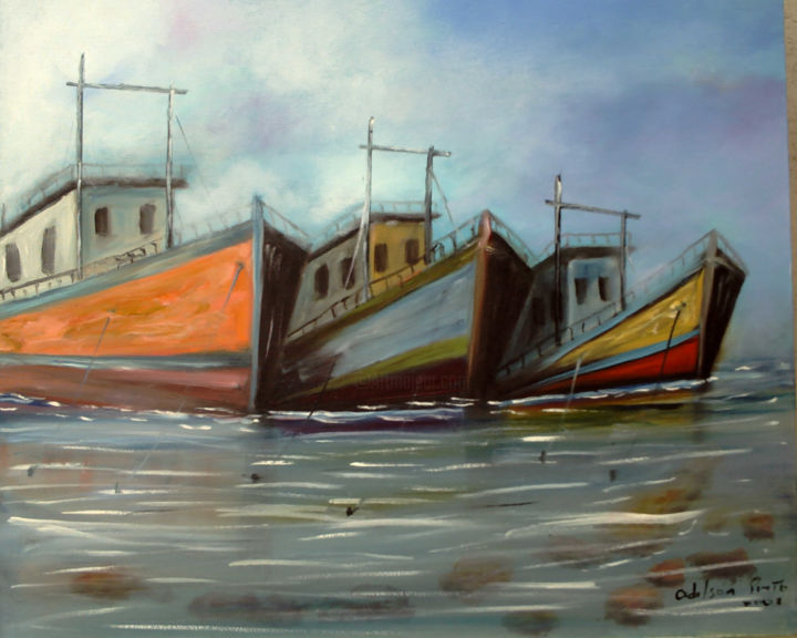 绘画 标题为“os-barcos-2-oleo-55…” 由Adilson Pinto, 原创艺术品