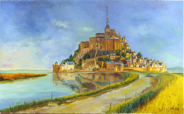 Painting titled "Mont Saint-Michel" by Adina Lupan, Original Artwork, Oil Mounted on Wood Stretcher frame