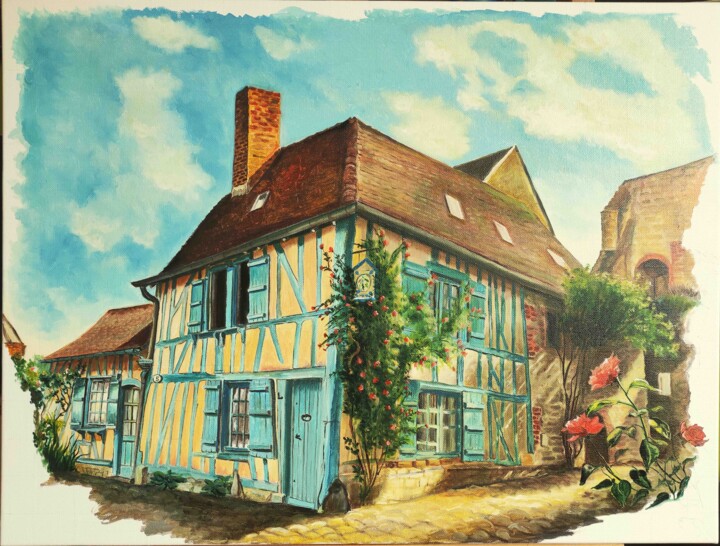 Painting titled "La maison bleue" by Adina Lupan, Original Artwork, Oil Mounted on Wood Stretcher frame