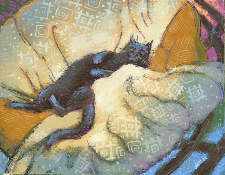 Peinture intitulée "Oh, le chat dort" par Aditi Andreieva, Œuvre d'art originale, Huile