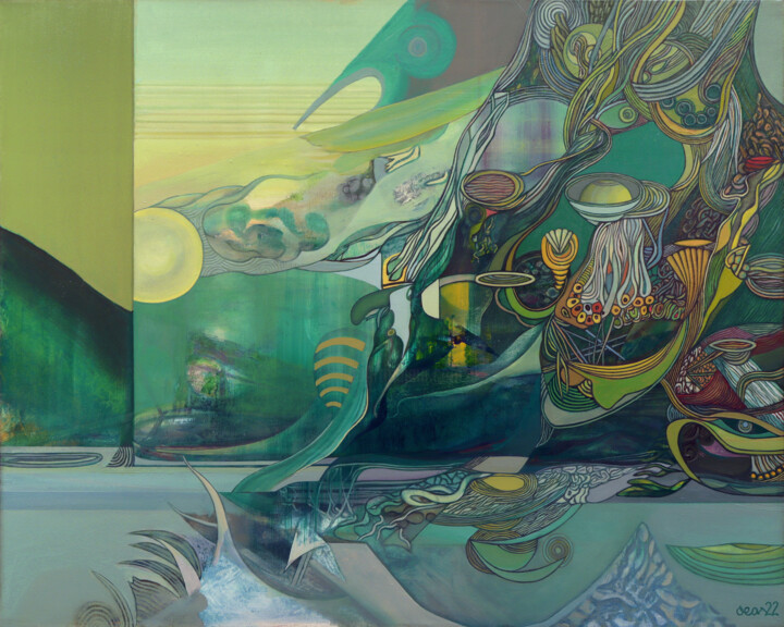 Painting titled "In The Misty Lands" by Alexey Adonin (aeon), Original Artwork, Oil Mounted on Wood Stretcher frame