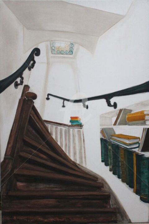 Painting titled "Library staircase.j…" by Adriana Fratila, Original Artwork, Oil