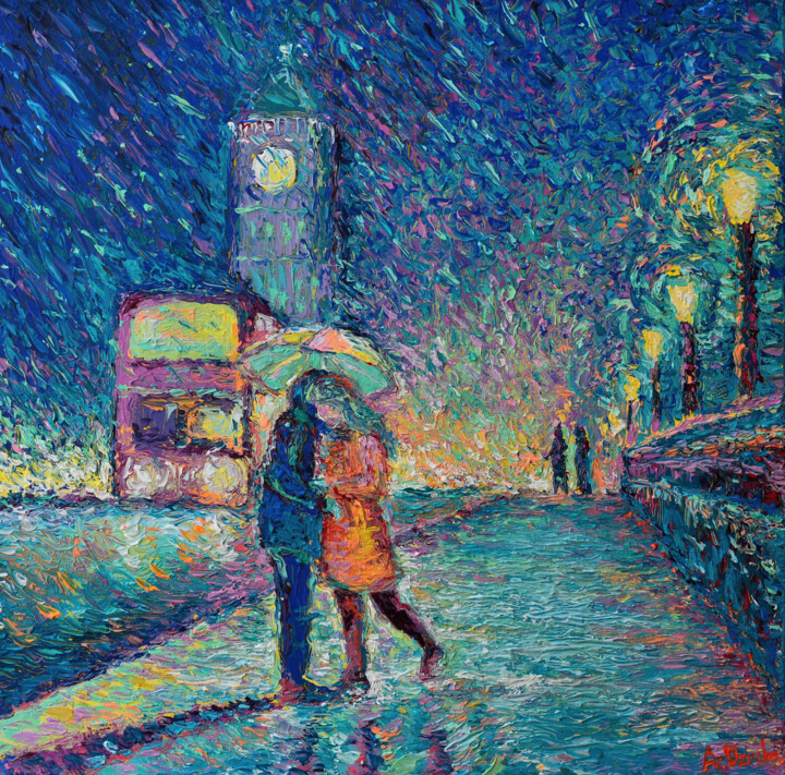 Картина под названием "Lovers in Rainy Lon…" - Adriana Dziuba, Подлинное произведение искусства, Акрил