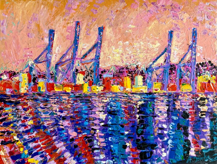 Peinture intitulée "Sunset Over Port Of…" par Adriana Dziuba, Œuvre d'art originale, Acrylique