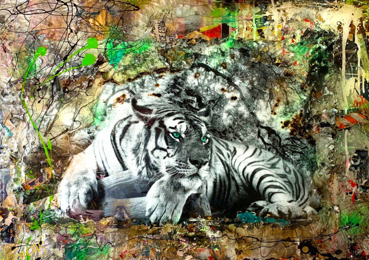 Collages getiteld "White Bengal Tiger" door Adriano Cuencas, Origineel Kunstwerk, Collages