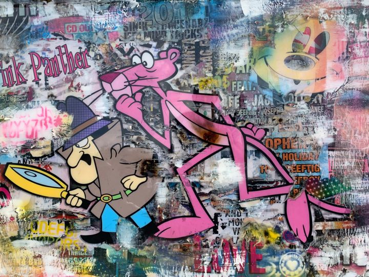 Collages intitulée "(SOLD) Pink Panther…" par Adriano Cuencas, Œuvre d'art originale, Acrylique